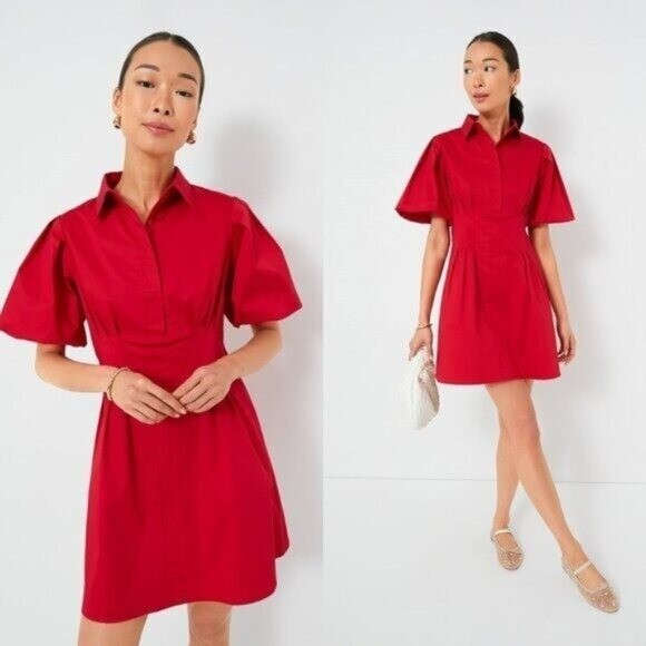 Tuckernuck NEW Red Mini Delaney Puff Sleeve Collared Classic Mini Dress Size L